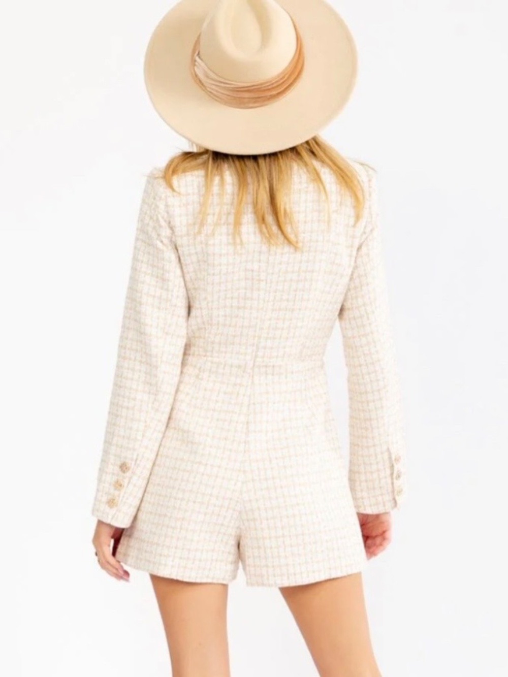 IVORY AND GOLD LONG SLEEVE WOMEN'S TWEED ROMPER WITH POCKETS - NWOT - Picture 6 of 17
